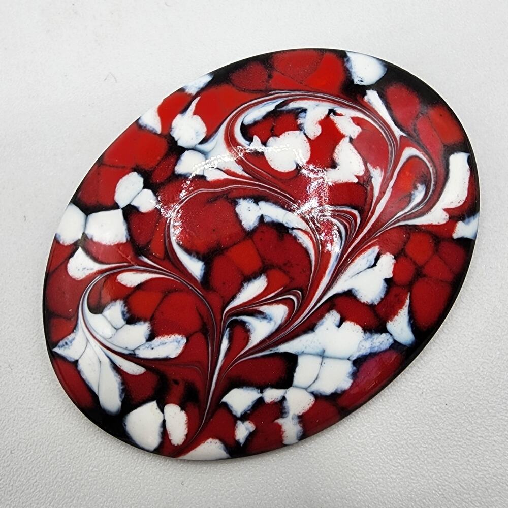 Vintage Inga Enamel Brooch MCM Red White Black Copper Oval Abstract Modernist